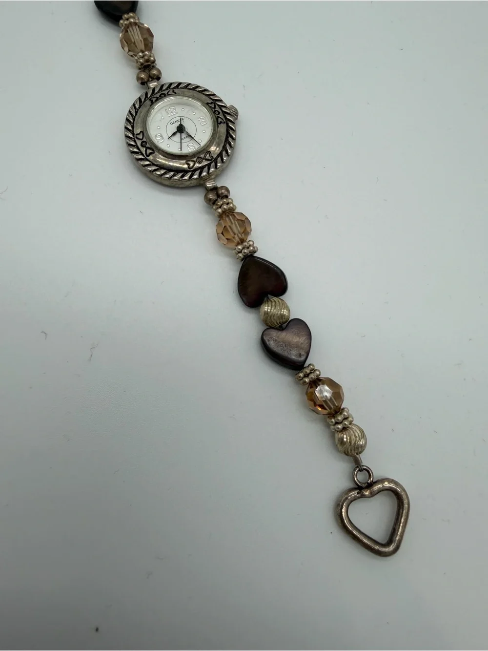 Geneva Brown Heart Bead Bracelet Watch with Silver Accents